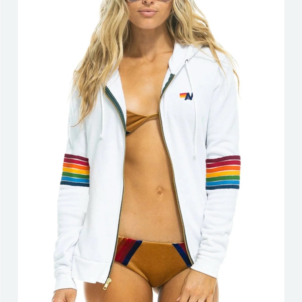 Aviator Nation Rainbow Stitch Sleeve Zip Hoodie Sweatshirt